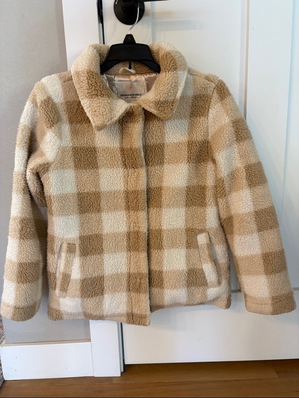 Urban Republic Beige & Cream Plaid Sherpa Coat